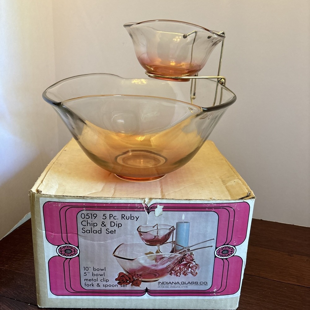 VTG INDIANA GLASS 3pc Ruby Chip & Dip Salad Set #0519 W/Original Box-  Missing